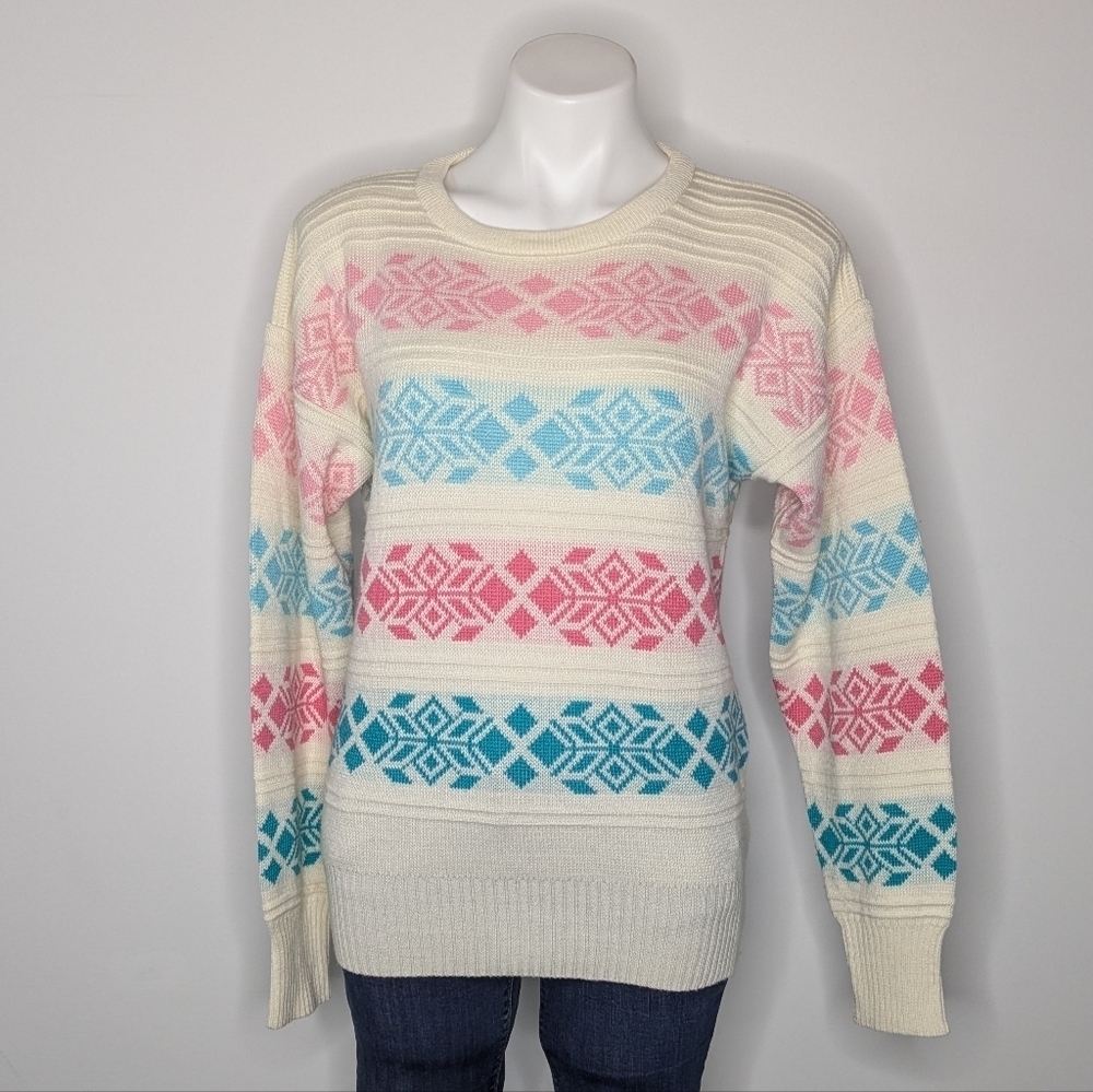 Vintage White Pink Blue Striped Snowflake Long Sleeve Wool Blend Sweater M/L